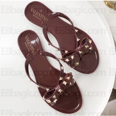 Valentino Rockstud Jelly Bow PVC Thong Flip Flops Burgundy