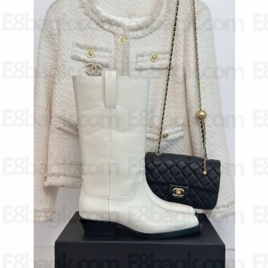 CHANEL CC knee-high cowboy boots white 2023