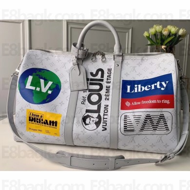 Louis Vuitton Monogram White Canvas Chalk Keepall Bandouliere 50 Bag M44643 2019