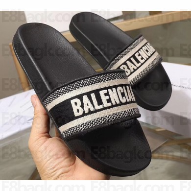 Balenciaga Woven Logo Slides Sandals Black