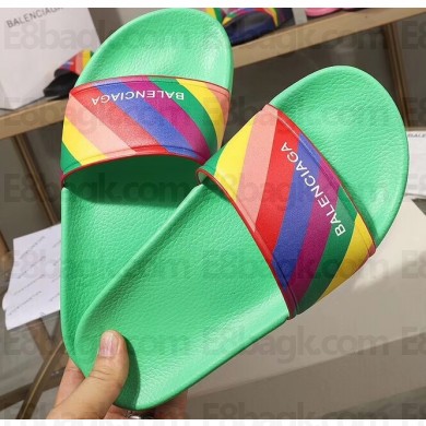 Balenciaga Rainbow Logo Slides Sandals Green