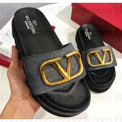 Valentino Heel 6cm Slide Sandals Denim Gray With VLogo Detail 2019
