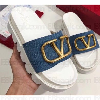 Valentino Heel 6cm Slide Sandals Denim Blue With VLogo Detail 2019