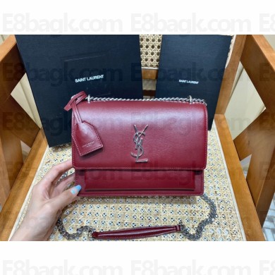 Saint Laurent Medium Sunset Bag in CALFSKIN 442906 Burgundy/silver(ORIGINAL QUALITY) 