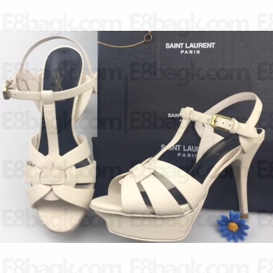 Saint Laurent Heel 9.5cm Platform 3cm Tribute Sandals In Grained Leather Creamy