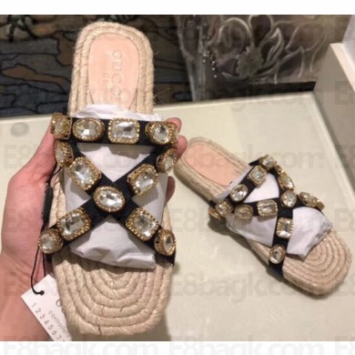 Gucci Grosgrain Espadrilles Slide Sandals with Crystals White 2019