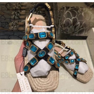Gucci Grosgrain Espadrilles Sandals with Crystals 573024 Blue 2019