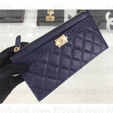 Chanel Caviar Leather Boy Pouch Clutch Bag A84478 Navy Blue