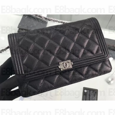 Chanel Grained Leather Boy Wallet On Chain WOC Bag A80287 Black/Silver