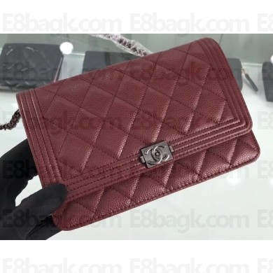 Chanel Grained Leather Boy Wallet On Chain WOC Bag A80287 Burgundy/Silver