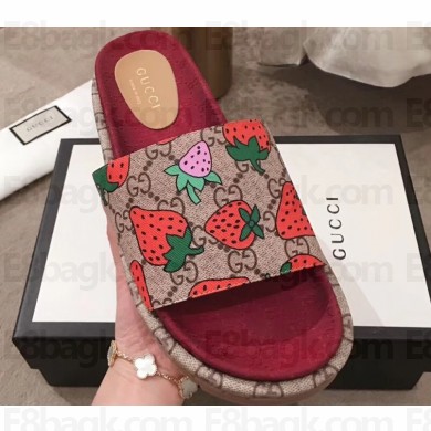 Gucci Original GG Canvas Slide Sandals 573018 Strawberry 2019