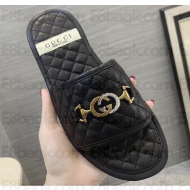 Gucci Quilted Slide Sandals with Interlocking G Horsebit 577680 Leather Black 2019