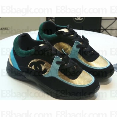 Chanel Suede Calfskin Sneakers G34360 Fabric Black/Gold/Turquoise 2019