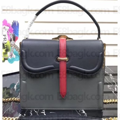 Prada Belle Leather Shoulder Tote Bag 1BN004 Black/Gray/Red 2019