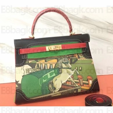 Hermes Kelly 32 Bag in Print Leather Black/Red/Suede Green