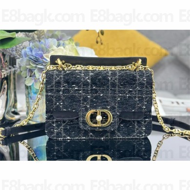 Dior Small Jolie Top Handle Bag in Black Tweed with White Cannage Motif 2024