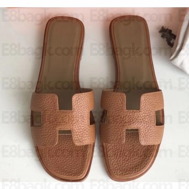 Hermes Oran Flat Slipper Sandals in Togo Leather Brown