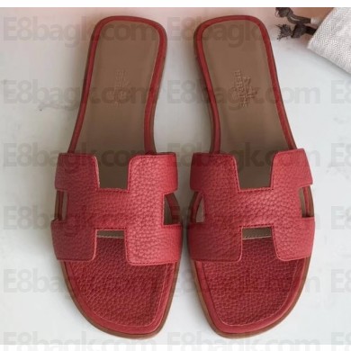 Hermes Oran Flat Slipper Sandals in Togo Leather Red