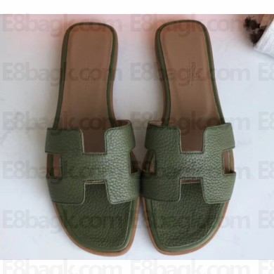 Hermes Oran Flat Slipper Sandals in Togo Leather Olive Green