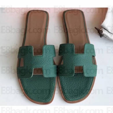 Hermes Oran Flat Slipper Sandals in Togo Leather Green