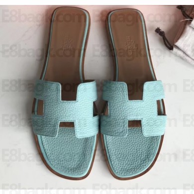 Hermes Oran Flat Slipper Sandals in Togo Leather Cyan