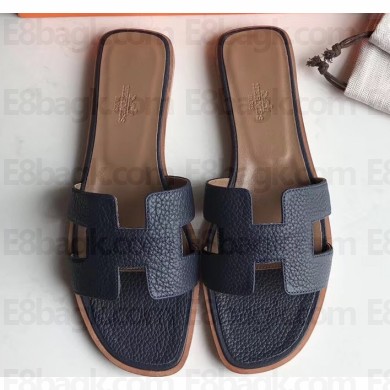 Hermes Oran Flat Slipper Sandals in Togo Leather Dark Blue