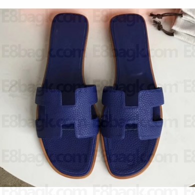 Hermes Oran Flat Slipper Sandals in Togo Leather Electric Blue