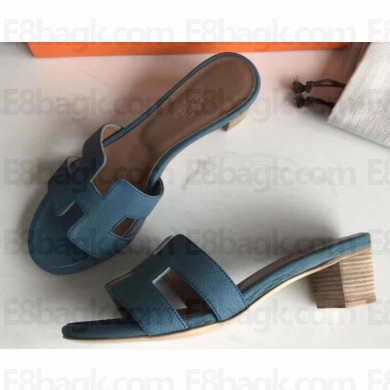 Hermes Heel 5cm Oasis Slipper Sandals in Togo Leather Denim Blue