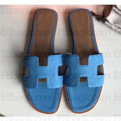 Hermes Oran Flat Slipper Sandals in Togo Leather Light Blue