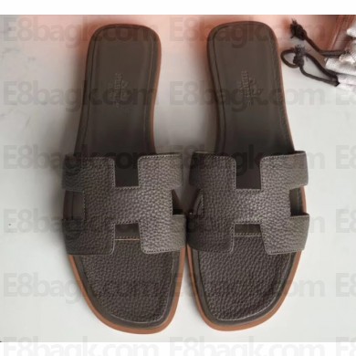 Hermes Oran Flat Slipper Sandals in Togo Leather Etoupe