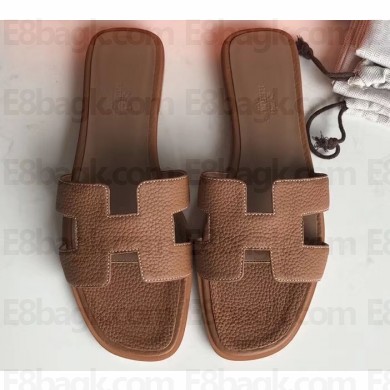 Hermes Oran Flat Slipper Sandals in Togo Leather Brown/White Stitch