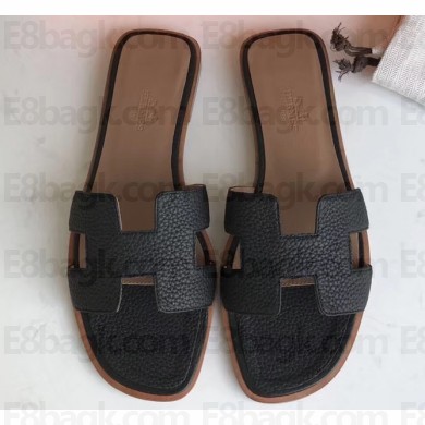 Hermes Oran Flat Slipper Sandals in Togo Leather Black