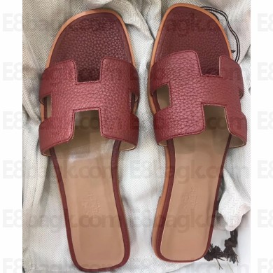 Hermes Oran Flat Slipper Sandals in Togo Leather Burgundy