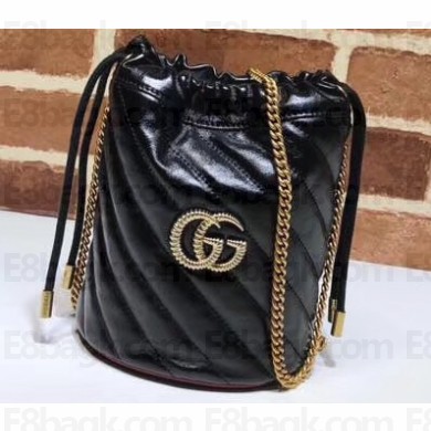 Gucci Diagonal GG Marmont Double G Mini Bucket Bag 575163 Black 2019