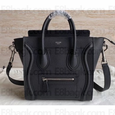 Celine Nano Luggage Bag in Original Drummed Calfskin Black/Silver with Removable Shoulder Strap