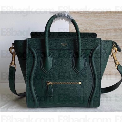 Celine Nano Luggage Bag in Original Drummed Calfskin Dark Green with Removable Shoulder Strap