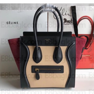 Celine Micro Luggage Bag in Original Black/Drummed Beige/Suede Dark Red