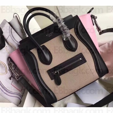 Celine Nano Luggage Bag in Original Black/Drummed Beige/Pink with Removable Shoulder Strap