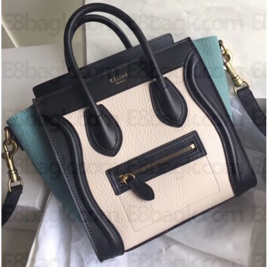 Celine Nano Luggage Bag Black/Drummed White/Crinkled Light Green in Original with Removable Shoulder Strap