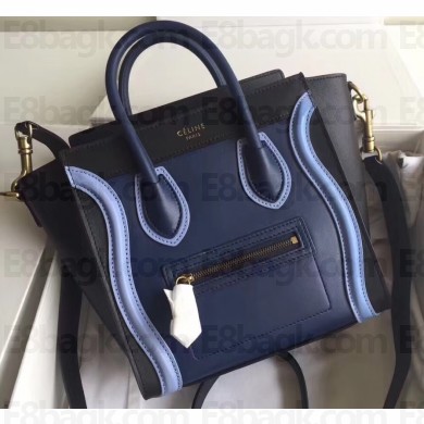Celine Nano Luggage Bag in Original Smooth Calfskin Black/Navy Blue/Sky Blue with Removable Shoulder Strap