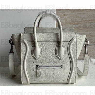 Celine Nano Luggage Bag in Original Drummed Calfskin White with Removable Shoulder Strap