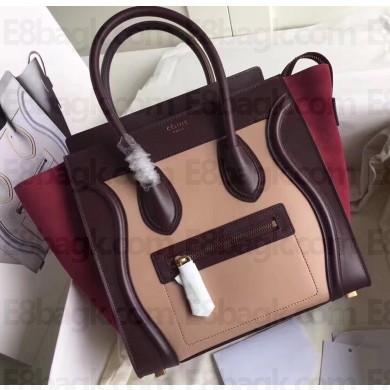 Celine Micro Luggage Bag in Original Smooth Calfskin Burgundy/Beige/Suede Red
