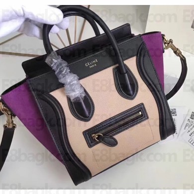 Celine Nano Luggage Bag in Original Black/Drummed Beige/Suede Purple with Removable Shoulder Strap