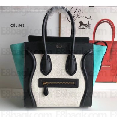 Celine Micro Luggage Bag in Original Black/Drummed White/Suede Turquoise