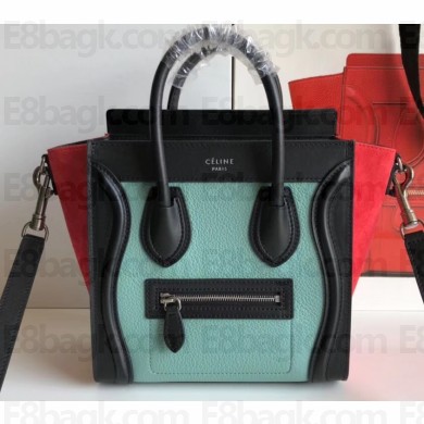 Celine Nano Luggage Bag in Original Black/Drummed Light Green/Suede Red with Removable Shoulder Strap