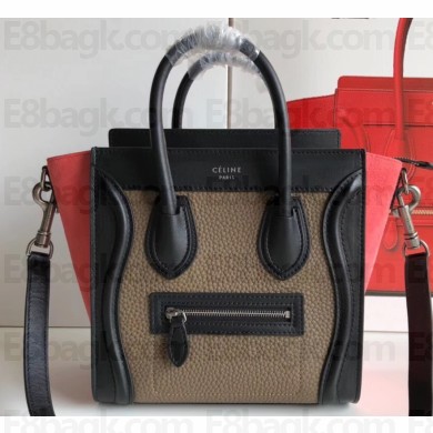 Celine Nano Luggage Bag in Original Black/Drummed Beige/Suede Rouge Red with Removable Shoulder Strap