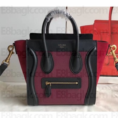 Celine Nano Luggage Bag in Original Black/Drummed Burgundy/Suede Red with Removable Shoulder Strap
