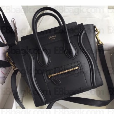 Celine Nano Luggage Bag in Original Smooth Calfskin Black with Removable Shoulder Strap