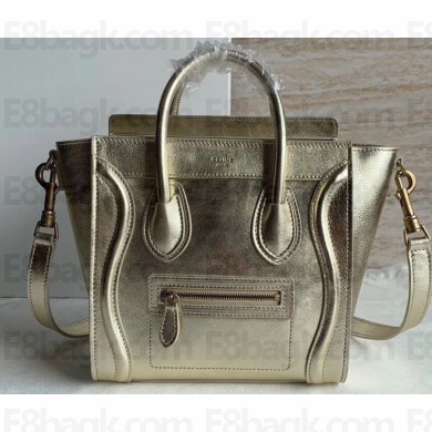 Celine Nano Luggage Bag in Original Laminated Lambskin Gold with Removable Shoulder Strap