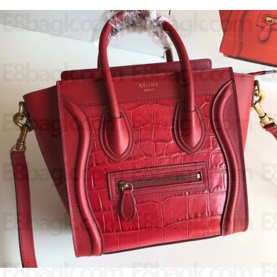 Celine Nano Luggage Bag in Original Red/Croco Pattern with Removable Shoulder Strap